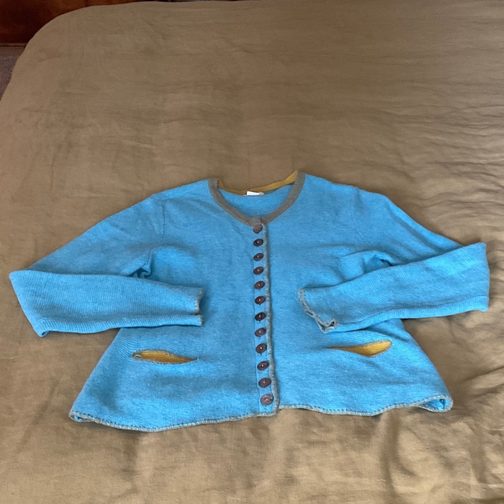 Sundance Blue and green wool sweater with Button Detail